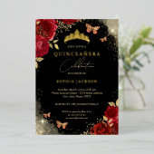 Rood Goud Vlinder Roos Tiara Quinceanera Folie Uitnodiging (Staand Voorkant)
