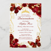 Rood Goud  Vlinderbloem Quinceanera Folie Uitnodiging (Voorkant)