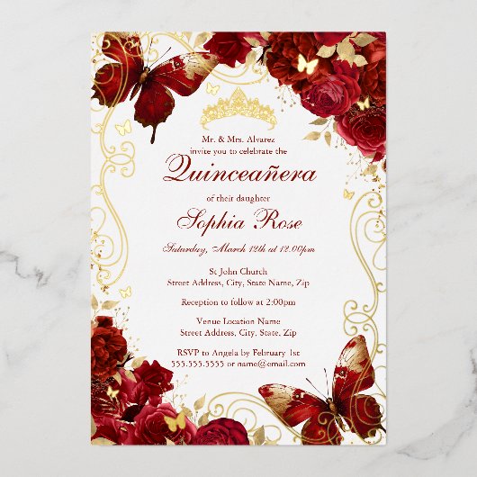 Rood Goud  Vlinderbloem Quinceanera Folie Uitnodiging (Voorkant)