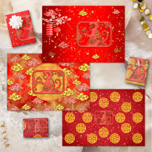 Rood Goud Voorspoedige Wolken Chinese Zodiak Aap Inpakpapier Vel
