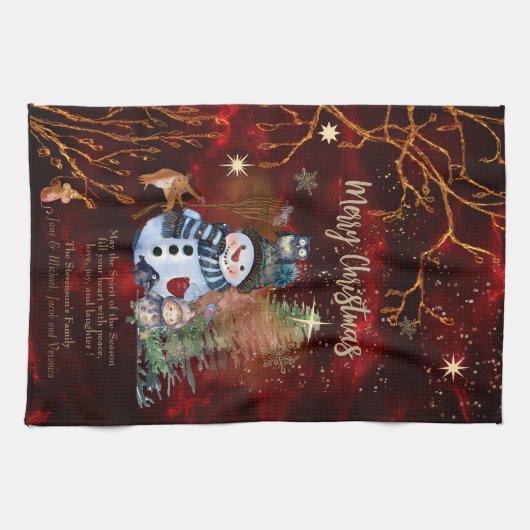 ROOD GOUD Vrolijk Kerstfeest, schattige personages Theedoek (Horizontaal)