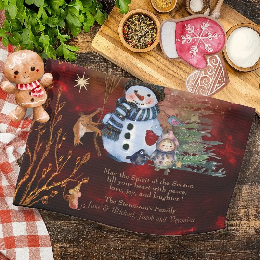 ROOD GOUD Vrolijk Kerstfeest, schattige personages Theedoek