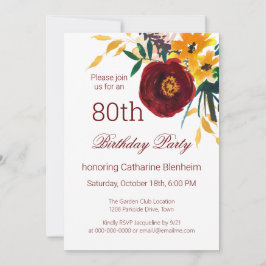 Rood + Goud Waterverf Bloemen 80ste Verjaardagsfee Kaart