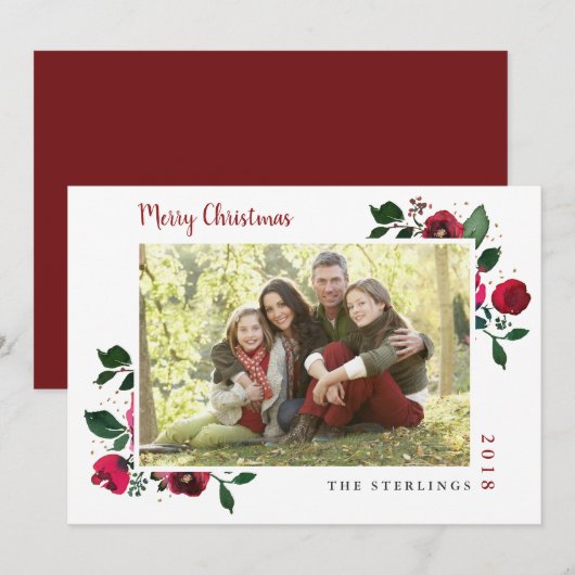 Rood Goud Waterverf Bloemen Vakantie Kaart (Voorkant / Achterkant)