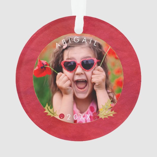 Rood & Goud Waterverf FOTO Merry Little Christmas Ornament (achterkant)