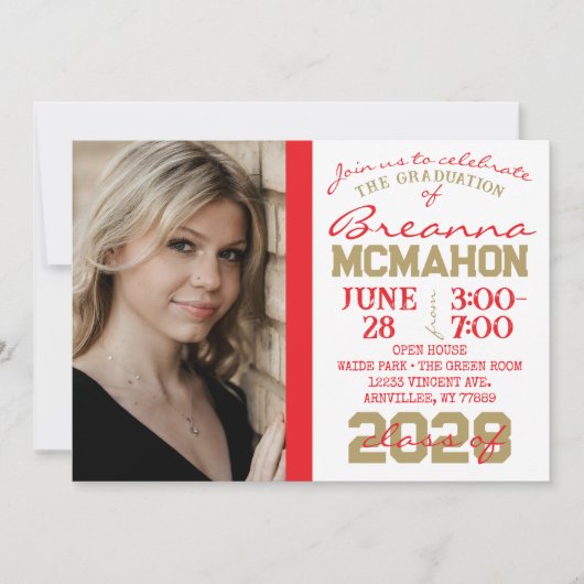 Rood, Goud & Wit Afstuderen 2 Fotouitnodiging Kaart (Voorkant)