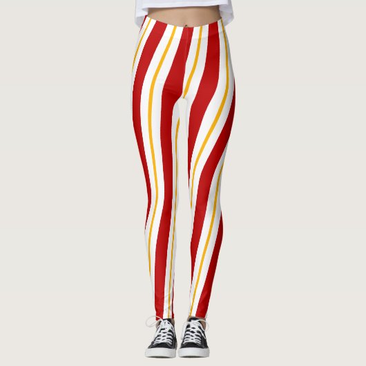Rood Goud & Wit Candy Cane Stripes Kerstmis Leggings (Voorkant)