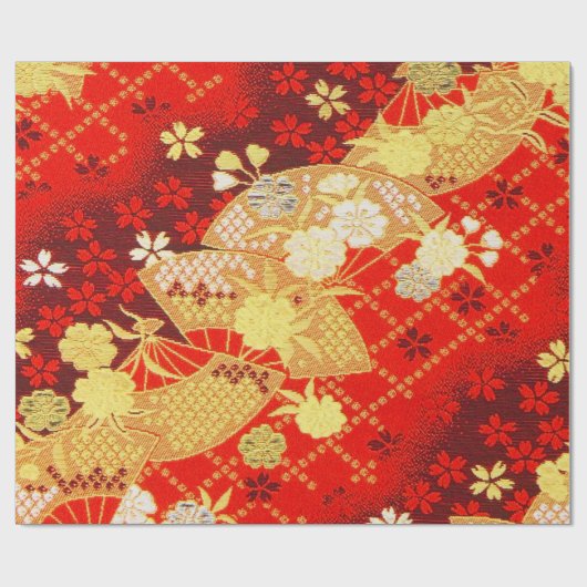 Rood Goud Wit Japans Kimono Bloemen Decoupage Cadeaupapier (Vlak)