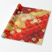 Rood Goud Wit Japans Kimono Bloemen Decoupage Cadeaupapier (Uitgerold)