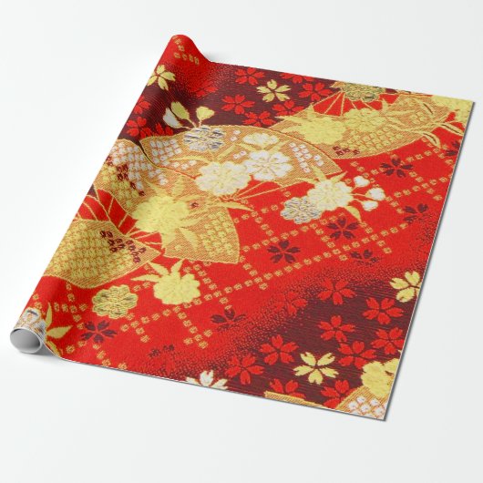 Rood Goud Wit Japans Kimono Bloemen Decoupage Cadeaupapier (Uitgerold)