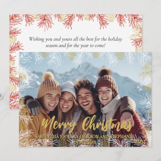 Rood Goud Wit Moderne Botanische Foto Kerstmis Feestdagenkaart (Voorkant / Achterkant)