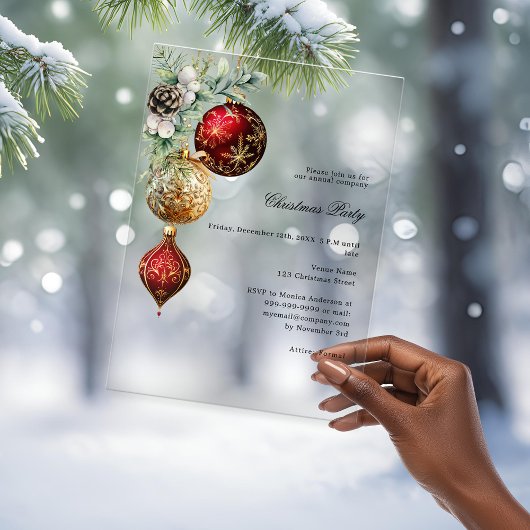 Rood goud zaken bevroren kerstfeest acryl uitnodigingen