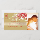 Rood Goud Zen Bamboe bladeren Foto Chinese bruilof Save The Date (Voorkant)
