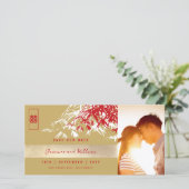 Rood Goud Zen Bamboe bladeren Foto Chinese bruilof Save The Date (Staand voorkant)