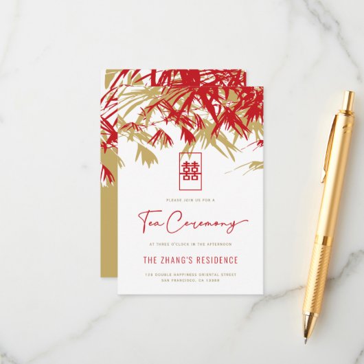 Rood/Goud Zen Bamboe laat Chinese thee ceremonie Informatiekaartje (Voorkant / Achterkant in situ)