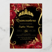 Rood Goud Zwart Bloemen Scroll Quinceanera Folie Uitnodiging (Voorkant)