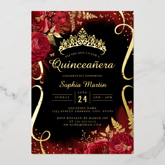 Rood Goud Zwart Bloemen Scroll Quinceanera Folie Uitnodiging (Voorkant)
