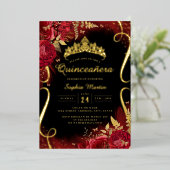 Rood Goud Zwart Bloemen Scroll Quinceanera Folie Uitnodiging (Staand Voorkant)