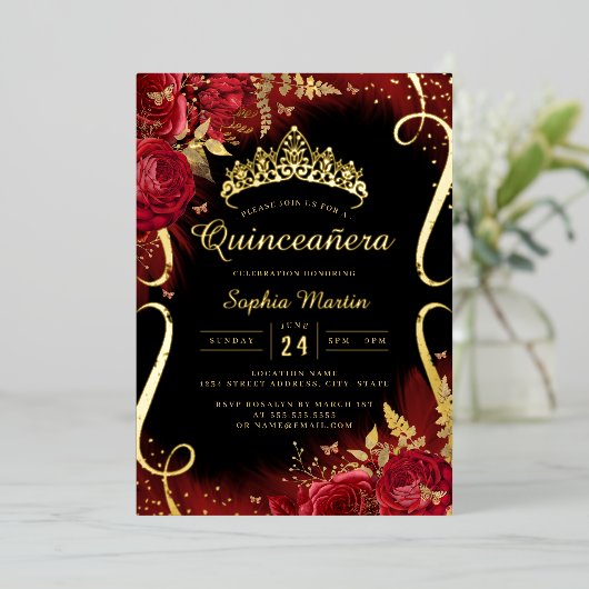 Rood Goud Zwart Bloemen Scroll Quinceanera Folie Uitnodiging (Staand Voorkant)