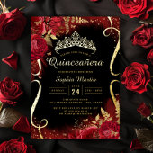 Rood Goud Zwart Bloemen Scroll Quinceanera Folie Uitnodiging