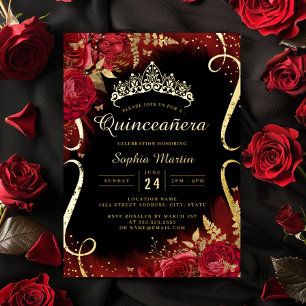 Rood Goud Zwart Bloemen Scroll Quinceanera Folie Uitnodiging