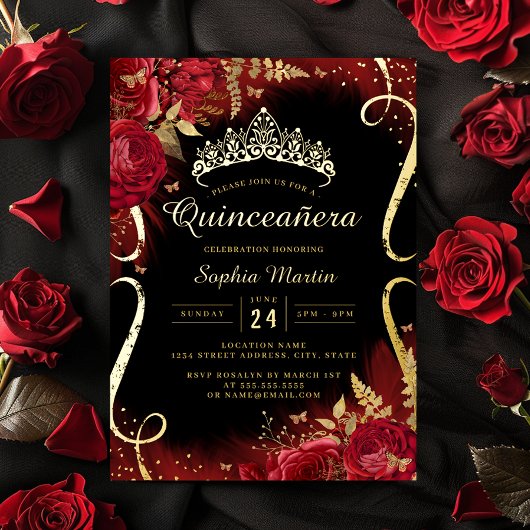 Rood Goud Zwart Bloemen Scroll Quinceanera Folie Uitnodiging