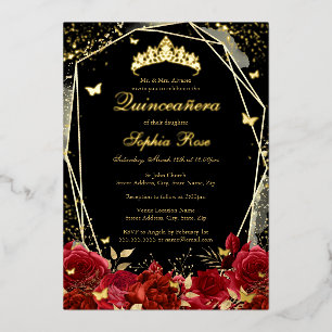 Rood Goud Zwart Bloemen Vlinder Tiara Quinceanera Folie Uitnodiging