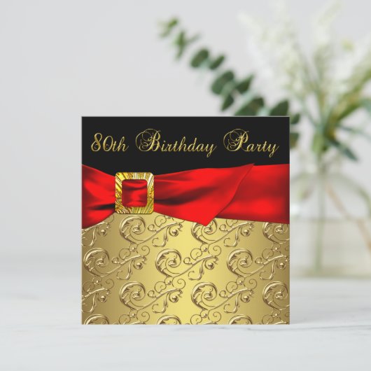 Rood Goud Zwart Damask Vrouwen 80ste Verjaardagsfe Kaart (Staand voorkant)