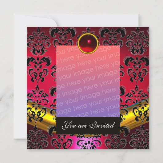 ROOD GOUD, ZWART DAMAST FOTO SJABLOON MONOGRAM KAART (Voorkant)