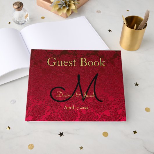 Rood Goud Zwart Kerst Winter Bruiloft Monogram Gastenboek (Voorkant open)