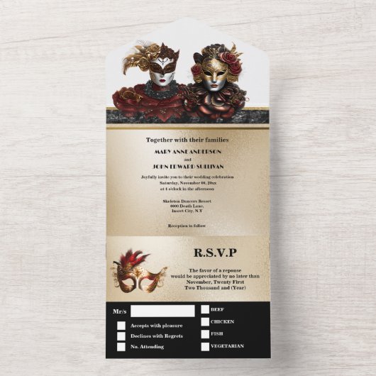 Rood goud zwart maskerade bruiloft carnaval chic all in one uitnodiging (Binnen)