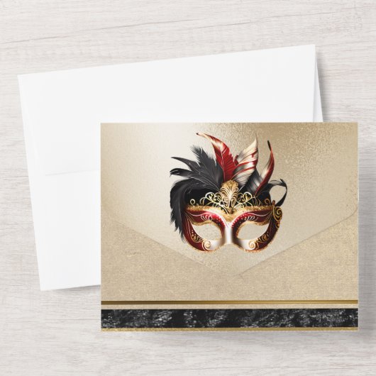 Rood goud zwart maskerade bruiloft carnaval chic all in one uitnodiging (Achterkant)