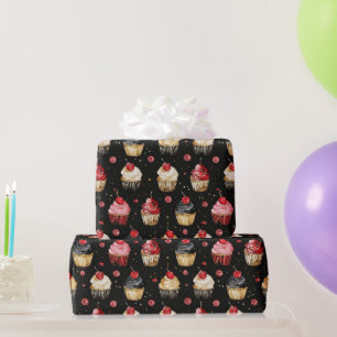 Rood Goud Zwart Roze Cupcakes Cherry Verjaardag Cadeaupapier