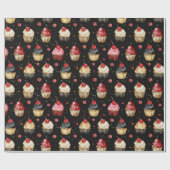 Rood Goud Zwart Roze Cupcakes Cherry Verjaardag Cadeaupapier (Vlak)