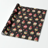Rood Goud Zwart Roze Cupcakes Cherry Verjaardag Cadeaupapier (Uitgerold)