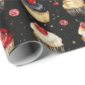 Rood Goud Zwart Roze Cupcakes Cherry Verjaardag Cadeaupapier (Rol Hoek)