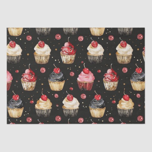 Rood Goud Zwart Roze Cupcakes Cherry Verjaardag Tissuepapier (Voorkant)