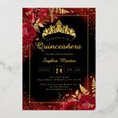Rood Goud Zwart Vlinder Bloemen Quinceanera Folie Uitnodiging (Voorkant)