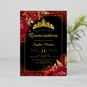 Rood Goud Zwart Vlinder Bloemen Quinceanera Folie Uitnodiging (Staand Voorkant)