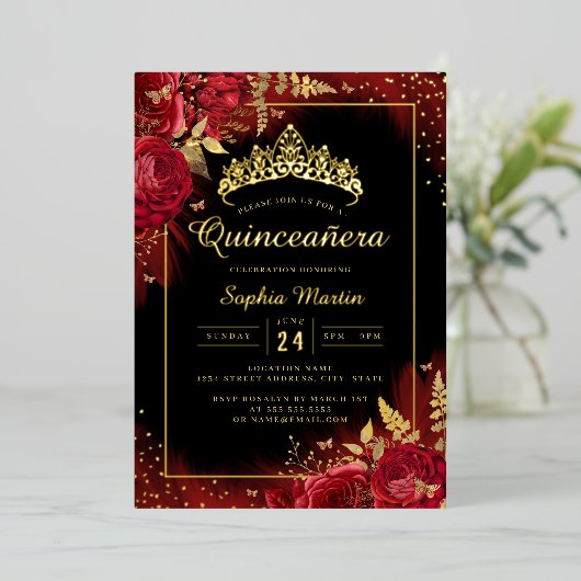 Rood Goud Zwart Vlinder Bloemen Quinceanera Folie Uitnodiging (Staand Voorkant)