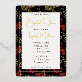 Rood Goud Zwarte Vlinders Bladeren Vrijgezellenfee Folie Uitnodiging