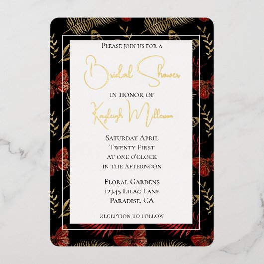 Rood Goud Zwarte Vlinders Bladeren Vrijgezellenfee Folie Uitnodiging