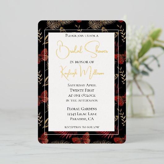 Rood Goud Zwarte Vlinders Bladeren Vrijgezellenfee Folie Uitnodiging (Staand Voorkant)