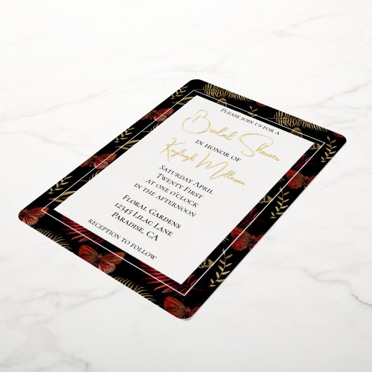 Rood Goud Zwarte Vlinders Bladeren Vrijgezellenfee Folie Uitnodiging (Gedraaid)