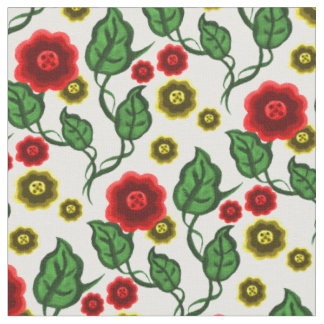 Rood/goudbloemen/groene bladeren/Folkbloem Stof