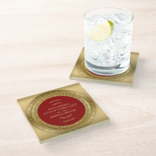 Rood & goudcirkel Lijst 50ste huwelijksontwerp Glazen Onderzetter (Schuin)
