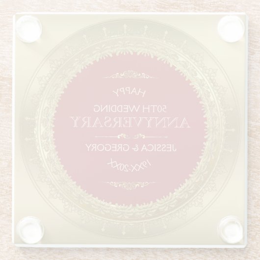 Rood & goudcirkel Lijst 50ste huwelijksontwerp Glazen Onderzetter (Achterkant)