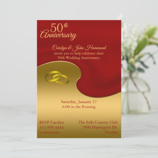 Rood & gouden 50ste Jubileum uitnodiging voor brui (Staand voorkant)