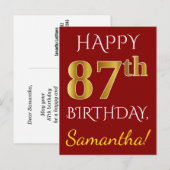 Rood, Gouden 87ste Verjaardag Faux + De Naam van Briefkaart (Voorkant / Achterkant)