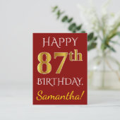 Rood, Gouden 87ste Verjaardag Faux + De Naam van Briefkaart (Staand voorkant)